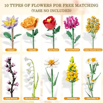 Blumen Bausteine Set für Erwachsene, 1070 Stück Blumenstrauß, künstliche Blume Bauklötze Bausatz Spielzeug für Frauen Mädchen, Home Deko Geschenk für Geburtstag, Muttertag, Weihnachten (keine Vase)