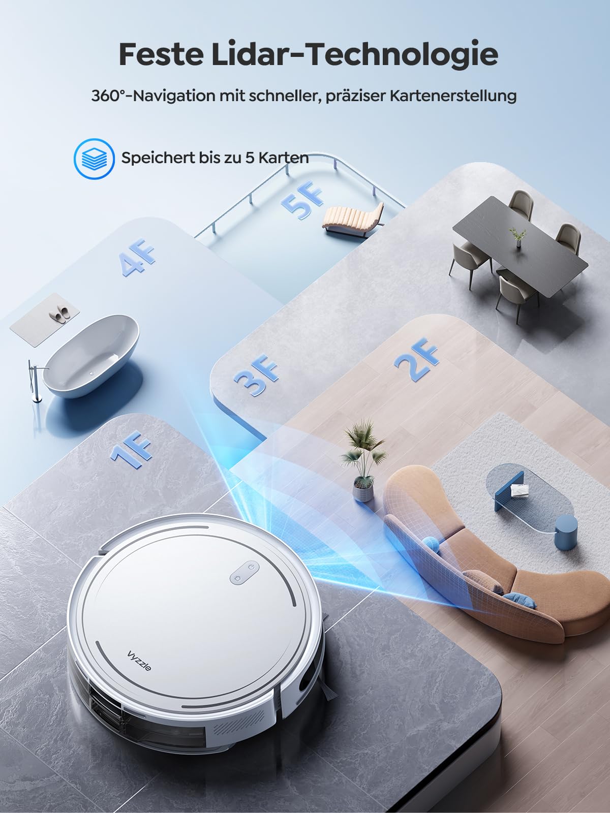 Vyzzle Saugroboter mit Wischfunktion, ultradünner Saugroboter mit LDS Navigation, 5000Pa Staubsauger Roboter D10, App/Alexa, Ideal für Tierhaare, Teppich, Hartboden