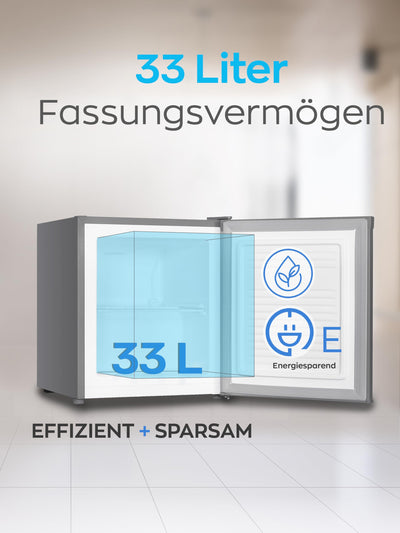 Heinrich´s Mini Gefrierschrank 33L -18°C klein kompakt leise:40db Gefrierbox; wechselbarer Türanschlag; mini Tiefkühltruhe Tiefkühlschrank,perfekt für Büro Camping Outdoor (Edelstahl/Inox)