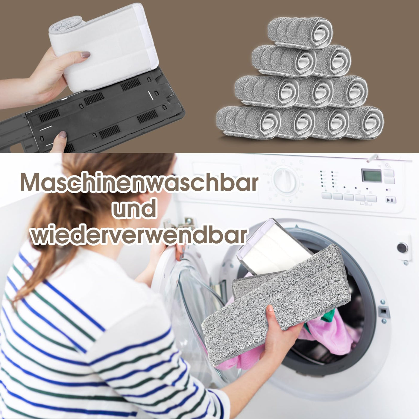 MASTERTOP Wischmopp Set mit Eimer, Flachmopp Bodenwischer mit 10 Mopp Pads und Langem Griff, 2 in 1 Putzeimer mit Wischmop, Mikrofaser Wischmopp mit Auswringfunktion für All Boden-Weiß