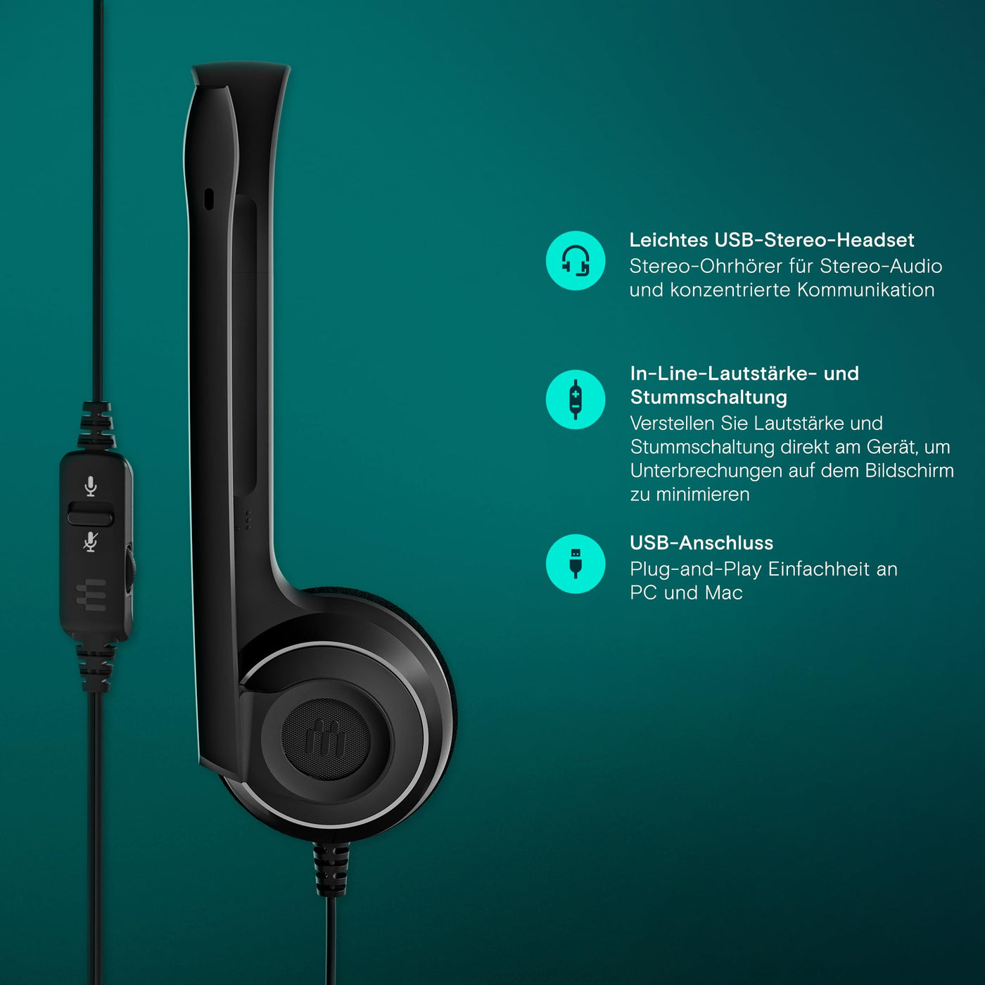 EPOS PC 8 USB On-Ear-Stereo Wired Headset mit Mikrofon, Kopfhörer mit Kabel, Inline-Lautstärke, Stummschaltung, Mikrofon-Rauschunterdrückung, Hochwertig, für Laptop, PC, Mac - Online-Anrufe Unterric