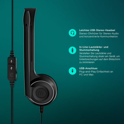 EPOS PC 8 USB On-Ear-Stereo Wired Headset mit Mikrofon, Kopfhörer mit Kabel, Inline-Lautstärke, Stummschaltung, Mikrofon-Rauschunterdrückung, Hochwertig, für Laptop, PC, Mac - Online-Anrufe Unterric