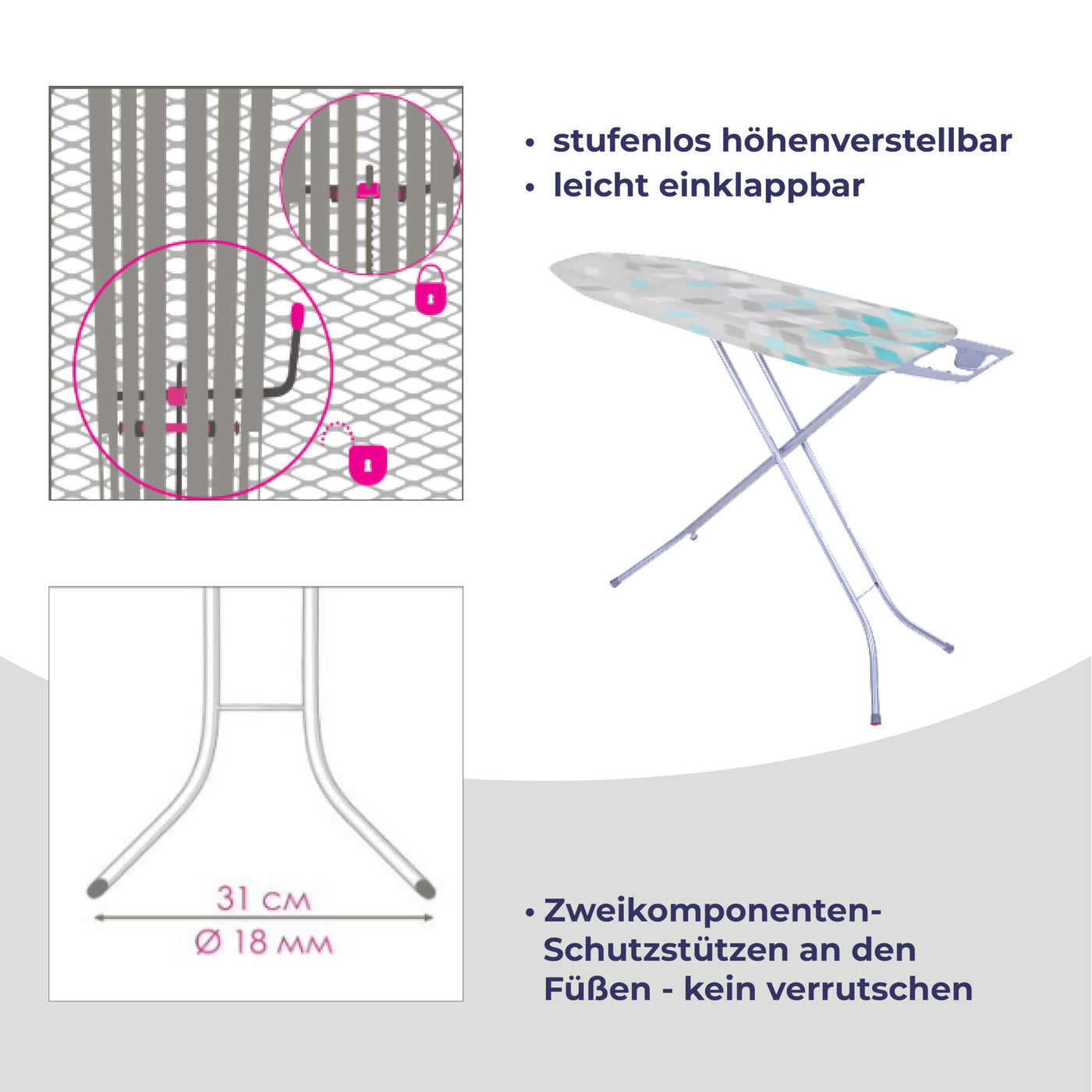 STAHLMANN ® Bügelbrett [114x34 Bügelfäche ] mit rutschfesten Füßen – robuster Bügeltisch – extra stabiles Bügelbrett [Made IN EU] – Tischbügelbrett