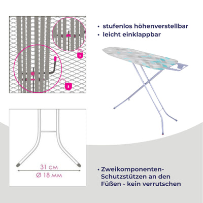 STAHLMANN ® Bügelbrett [114x34 Bügelfäche ] mit rutschfesten Füßen – robuster Bügeltisch – extra stabiles Bügelbrett [Made IN EU] – Tischbügelbrett
