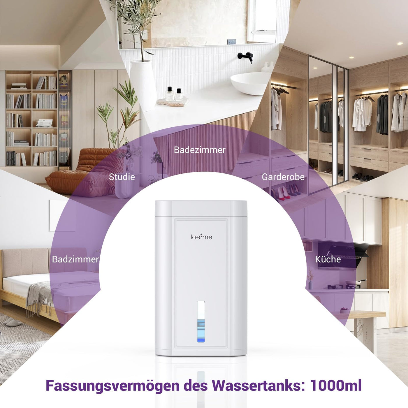 LOEFME 1000ml Mini-Luftentfeuchter, 7-farbige LED-Lichter, tragbarer und ultraleiser Luftentfeuchter elektrisch in Weiß, ideal für Schlafzimmer, Badezimmer, Kleiderschrank und Ankleidezimmer