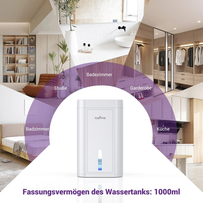 LOEFME 1000ml Mini-Luftentfeuchter, 7-farbige LED-Lichter, tragbarer und ultraleiser Luftentfeuchter elektrisch in Weiß, ideal für Schlafzimmer, Badezimmer, Kleiderschrank und Ankleidezimmer