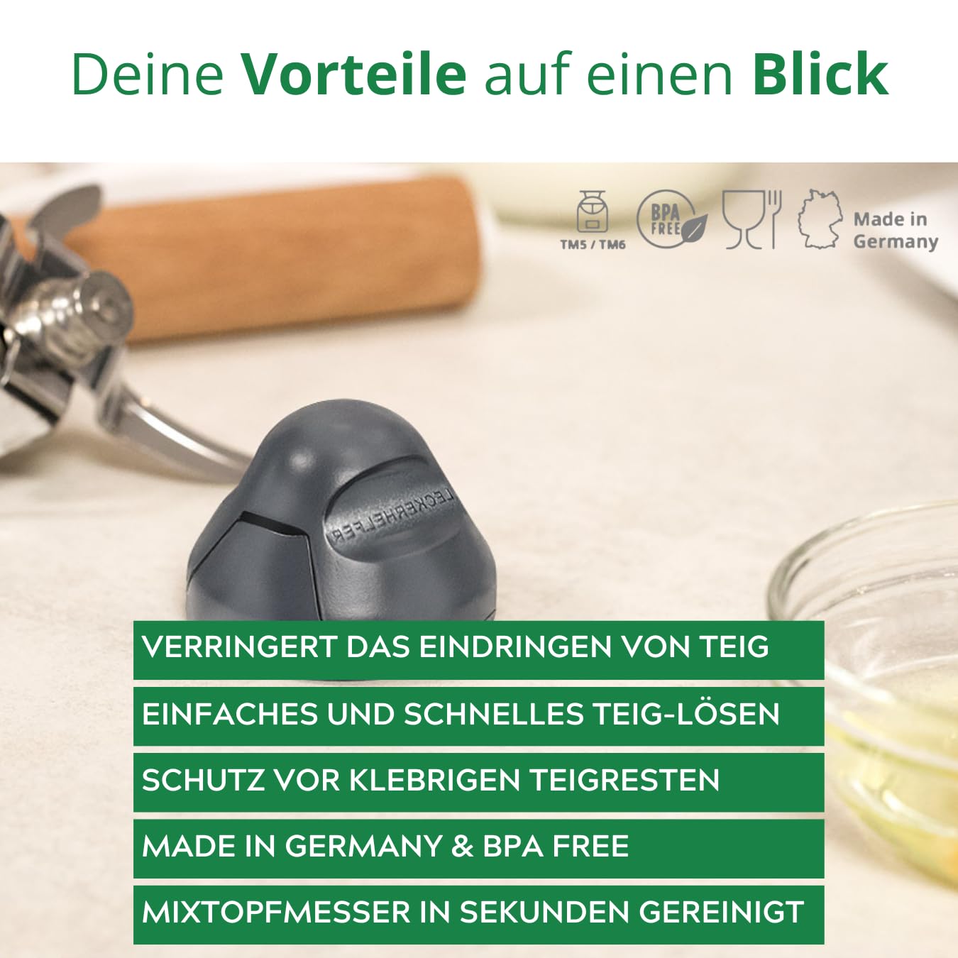 TeigPRO – passend für den Thermomix TM6, TM5, Teig Pro Messer Dreckschutz, schützt das Thermomix Messer, verringert das Eindringen von Teigresten&Schmutz. Blitzschnelles reinigen des Thermomix Messers