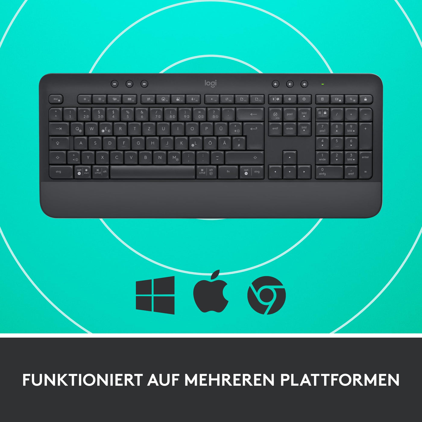 Logitech Signature K650 Comfort kabellose Tastatur mit Handballenauflage, BLE Bluetooth/Logi Bolt USB-Empfänger, Soft-Touch-Tastatur, Numpad, PC/Windows/Mac, Deutsches QWERTZ - Grau