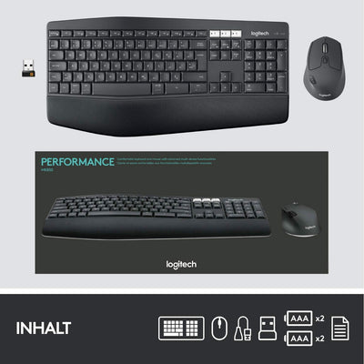 Logitech MK850 Performance Kabelloses Tastatur-Maus-Set, Bluetooth, 2.4 GHz Verbindung via USB-Empfänger, 24 bis 36-Monate Akkuleistung, Handballenauflage, Deutsches QWERTZ-Layout, Schwarz