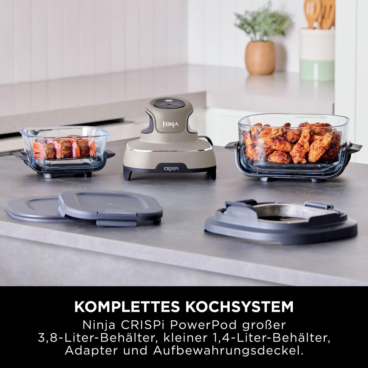 Ninja CRISPi tragbare Airfryer Heißluftfritteuse, 3,8 l, 4-in-1: Heißluftfrittieren, Braten, Warmhalten, Recrisp, kompakt, 6 Portionen, 2x herausnehmbare Glasbehälter & Deckel, 1700 W, Stein FN101EUST