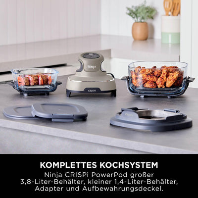Ninja CRISPi tragbare Airfryer Heißluftfritteuse, 3,8 l, 4-in-1: Heißluftfrittieren, Braten, Warmhalten, Recrisp, kompakt, 6 Portionen, 2x herausnehmbare Glasbehälter & Deckel, 1700 W, Stein FN101EUST