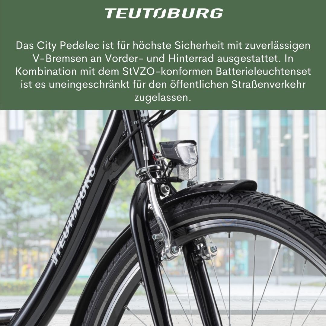 Teutoburg Senne Fahrrad Pedelec Citybike Elektrofahrrad schwarz, E-Bike 28 Zoll, 10,4 Ah/36V Lithium Ionen Akku, 7-Gang Kettenschaltung, inkl. Panzerkabelschloss