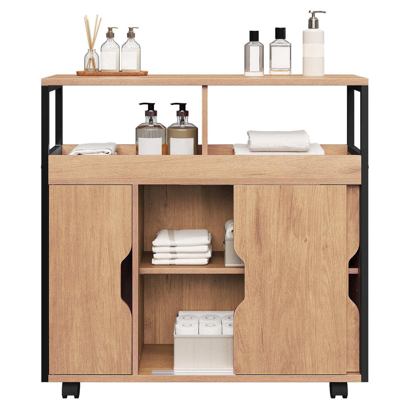 EUGAD Badezimmerschrank, Nischenschrank schmal, Badschrank mit 2 offenen Fächern, Verstellbarer Ablage, Schiebetüren, Nischenregal mit Rollen, 70x70x20 cm, schwarz helle Eiche