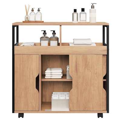 EUGAD Badezimmerschrank, Nischenschrank schmal, Badschrank mit 2 offenen Fächern, Verstellbarer Ablage, Schiebetüren, Nischenregal mit Rollen, 70x70x20 cm, schwarz helle Eiche