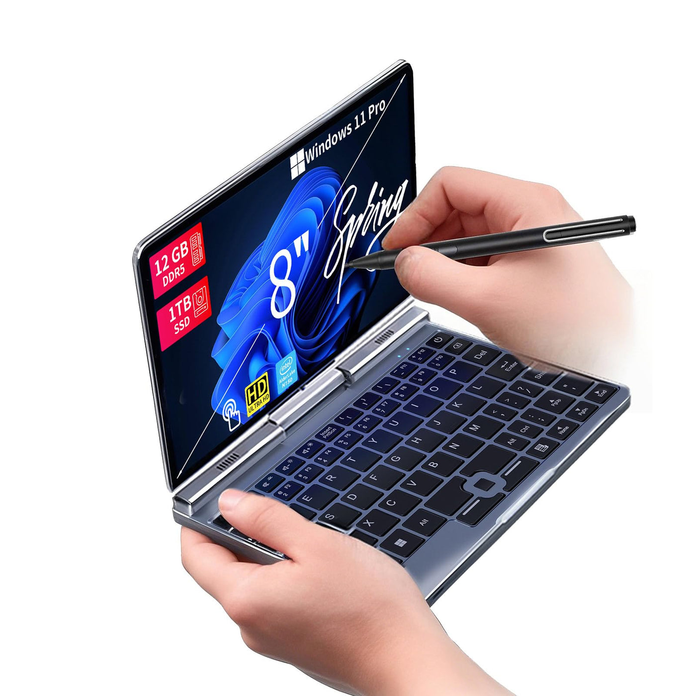 8-Zoll 2-in-1 Mini-Laptop mit QWERTZ-Tastatur, drehbarem HD-Touchscreen & Stiftunterstützung, Windows 11 Pro, N150, 12GB RAM, 1TB SSD, Wi-Fi 6, BT 5.2, HDMI, Typ-C, 2MP Kamera