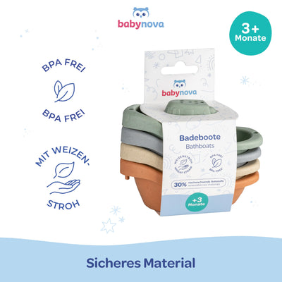 babynova Badeboote – Pädagogisches Baby- und Kleinkindspielzeug – Ab 3 Monaten – 4-teiliges Set – Entwicklung von Motorik und Koordination – Geeignet für Badewanne und Sandkasten – BPA-frei
