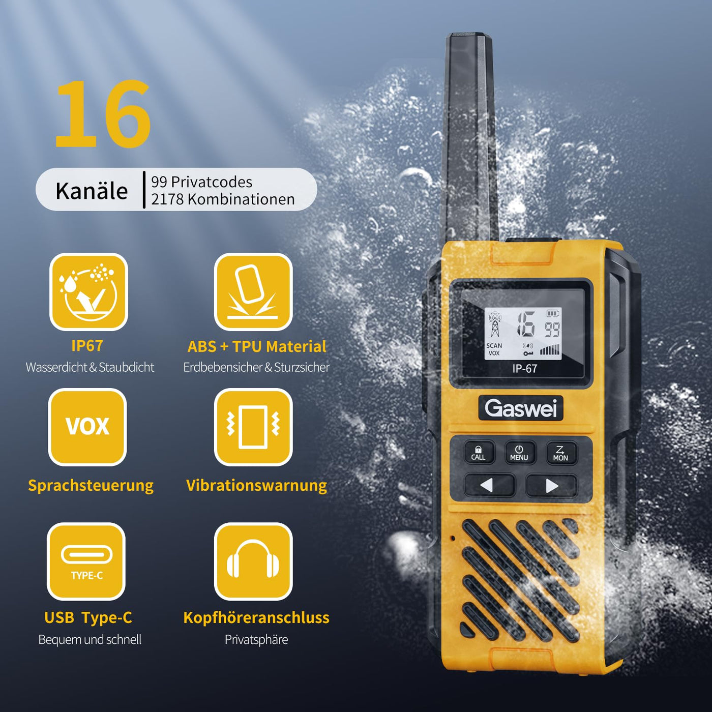 Gaswei G1pro Hochleistungs- Walkie Talkies mit großer Reichweite für Erwachsene, wiederaufladbare Notfallfunkgeräte, 16-Kanal-Walkie-Talkie mit Lithium-Ionen-Akku, IP67 wasserdicht (2 Stück)
