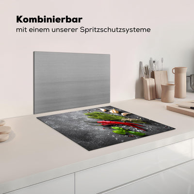 KitchenYeah© Herdabdeckplatte Einteilig Küche Ceranfeld Abdeckplatte Cerankochfeld Abdeckung Induktionskochfeld Schutzmatte Pfeffer - Kräuter - Gewürze - Beton - 60x52 cm