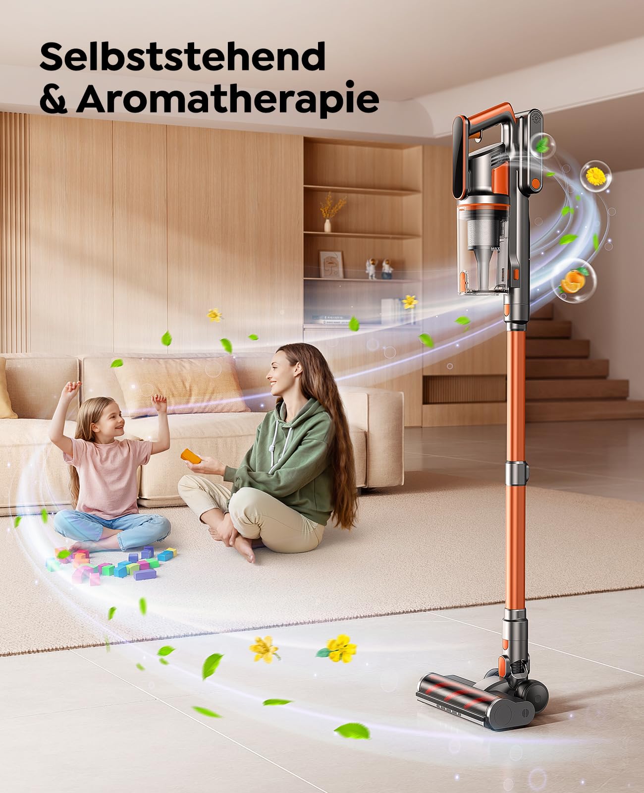 Fieety Akku Staubsauger, 45KPa/550W/60Min Staubsauger Kabellos mit Wandmontierte Ladestation, Aromatherapie, Automatikmodus, Touchscreen, 1M Ausziehbarer Schlauch für Hartböden Teppiche Tierhaare Auto