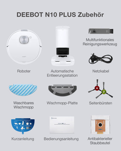 ECOVACS DEEBOT N10 PLUS Staubsaugerroboter mit Wischmopp 4300Pa, Auto-Absaugstation, bis zu 300 min/400 m², TrueMapping 2.0 dToF Laser Navigation, Teppich-Erkennung, individuelle Reinigung nach Zonen