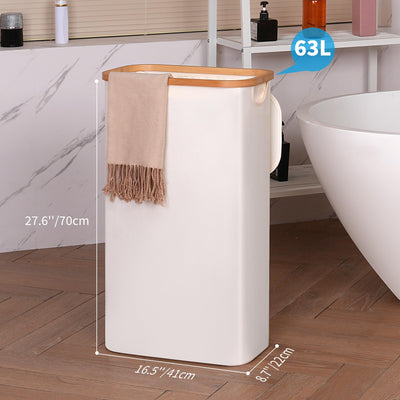 efluky Wäschekorb Schmal 63L, Schlanker Wäschekorb mit Deckel, Beige Faltbare Wäschebehälter mit Bambusgriffen und abnehmbarem Beutel für Waschküche, Schlafzimmer, Badezimmer