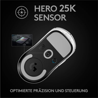Logitech G PRO X SUPERLIGHT kabellose Gaming-Maus mit HERO 25K Sensor, Ultra-leicht mit 63g, 5 programmierbare Tasten, 70 Stunden Akkulaufzeit, PTFE-Füße ohne Zusatzstoffe, PC/Mac - Weiß