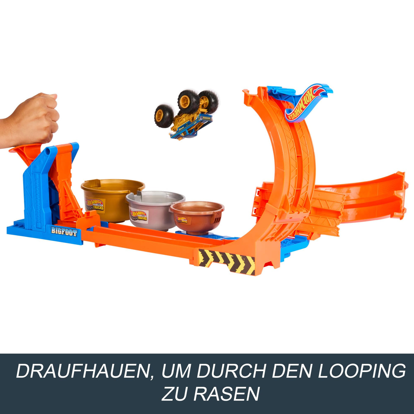 Hot Wheels Monster Trucks Truck- und Strecken-Spielset, Loop & Flip Trophy Challenge Spielset und Die-Cast-Bigfoot zum 50. Jubiläum im Maßstab 1:64, zwei Spielmöglichkeiten, JBX64