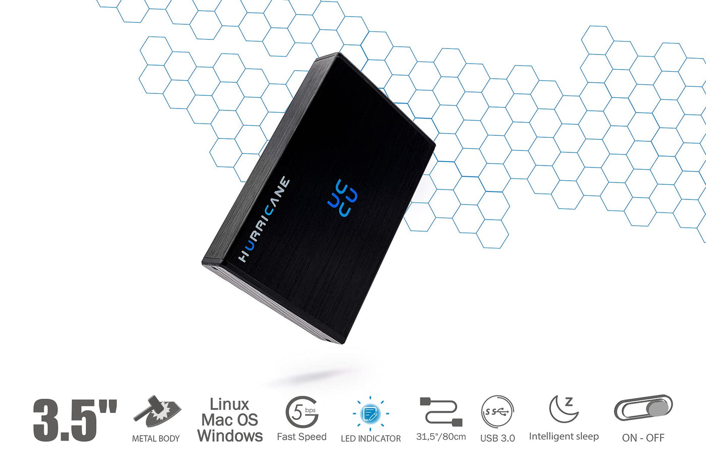 HURRICANE GD35612 Externe Festplatte 2TB 3,5" USB 3.0 Aluminium HDD mit Netzteil für PC, TV, Ps4, Ps5, Xbox Laptop kompatibel mit Windows mac Linux