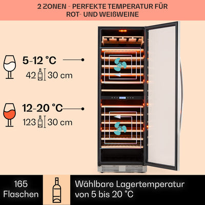Klarstein Einbau-Weinkühlschrank, 2 Zonen Getränkekühlschrank Klein, Kleiner Weinschrank 433L, Wein-Kühlschrank Klein mit Glastür, Indoor/Outdoor Flaschenkühlschrank, Wine Fridge 165 Flaschen