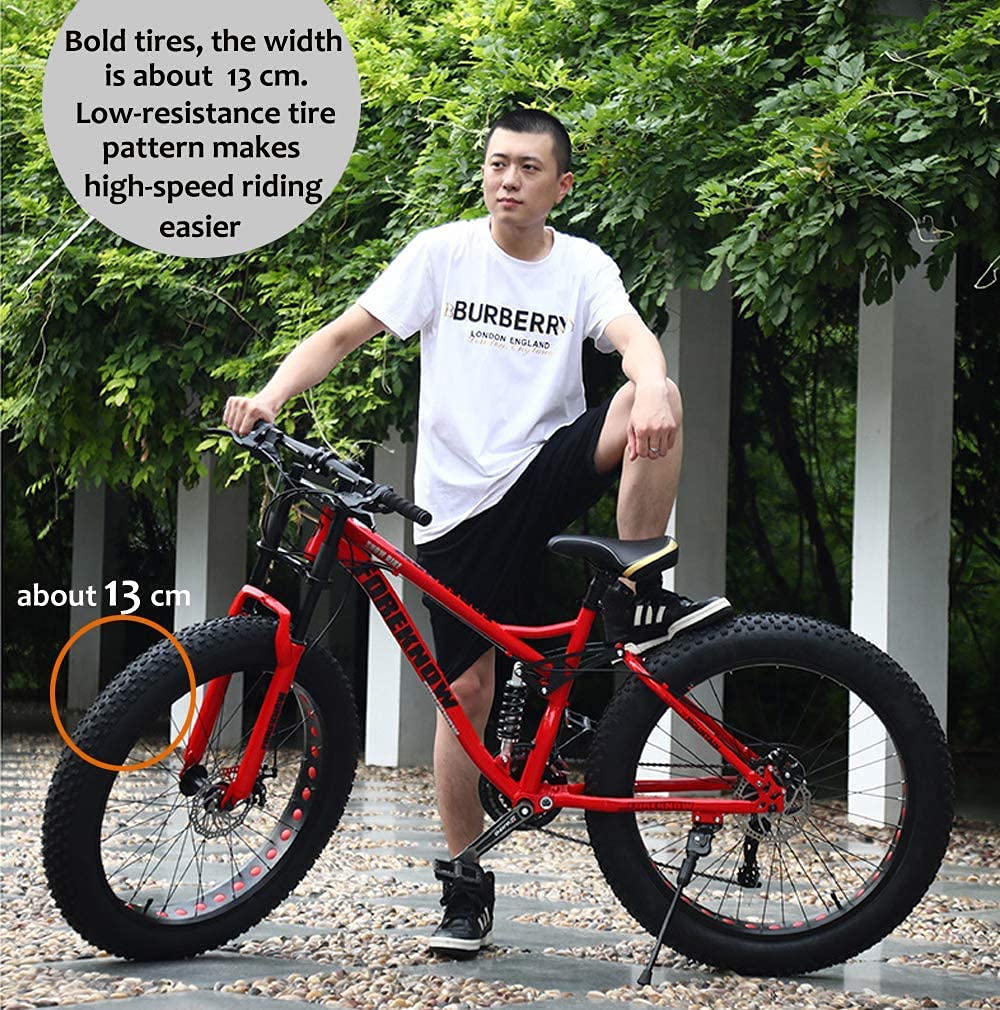 Wind Greeting 26 Zoll Mountainbike,21 Gang-Schaltung Erwachsene Fette Reifen Fahrrad,Rahmen aus Kohlenstoffstahl,Vollfederung Scheibenbremsen Hardtail Bike (Rot)