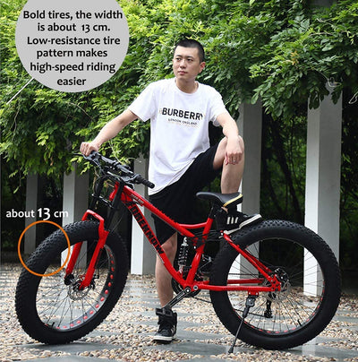 JXYQ 26 Zoll Mountainbikes, 24 Gang Fahrrad, Fat Tire Mountain Trail Bike für Erwachsene, Rahmen aus Kohlenstoffstahl mit doppelter Vollfederung und Doppelscheibenbremse