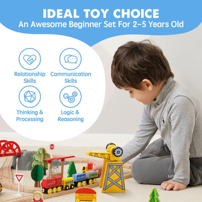 Tiny Land 55Pcs Holzeisenbahn Set, Eisenbahn Holz für Kinder mit Kran, Kombinierbar Zug Spielzeug, Holzeisenbahn Zubehör Passend für Alle Großen Marken, Holzzug Spielzeug für Kinder ab 2~5