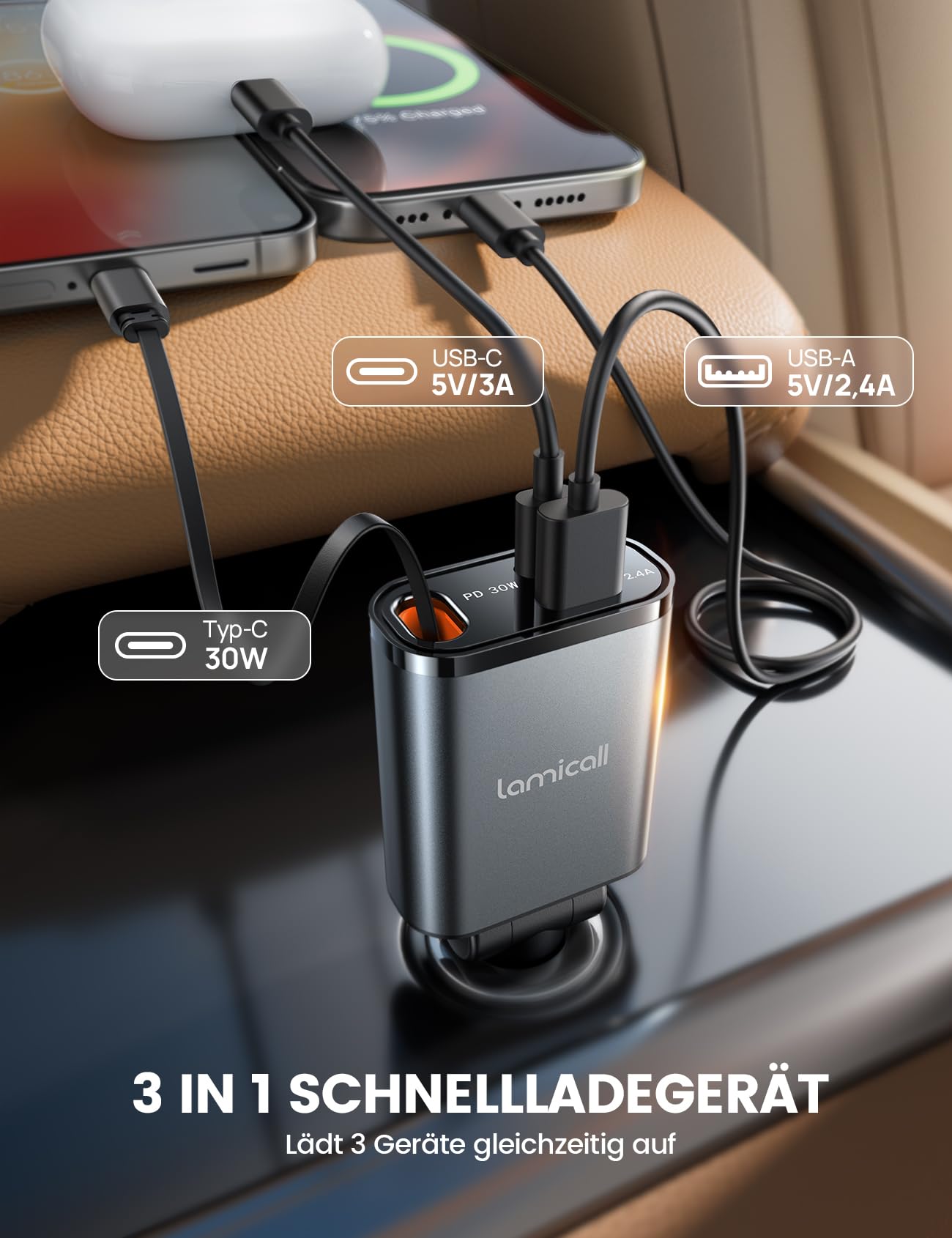 Lamicall 3 IN 1 Zigarettenanzünder USB C Auto Ladegerät -【2025 Super Kompakt】50W USB Adapter Auto Schnellladegerät mit einziehbare Typ-C Kabel/USB C/USB A, 24/12V KFZ Ladegerät Auto für iPhone/Samsung
