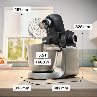 Bosch Küchenmaschine Serie 6 MUMS6ZS13D, NEU, Automatikprogramme, integr.1g Waage, 5,5l Schüssel, Durchlaufschnitzler, Scheiben, Knethaken/Rührbesen/Silikonbesen, spülm.fest, 1.600 W, silber/schwarz