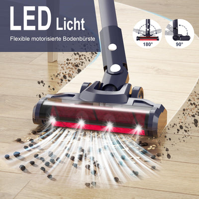 Hihhy Akku Staubsauger, 30000Pa Staubsauger Kabellos, Akkusauger Kabelloser Staubsauger Bis zu 45Mins Laufzeit, Stielstaubsauger mit Wandhalterung & Led-Licht für Haar, Teppich und Hartböden(Schwarz)