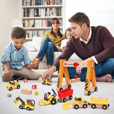 Baufahrzeuge Baustelle Kinder Geschenke Jungen 2 3 4 5 Jahre Holz Magnetisch Fahrzeug Spielzeug mit Portalkran, Bagger, Kranwagen, Straßenroller, Abschleppfahrzeug, Holzspielzeug Geschenkideen Jungen