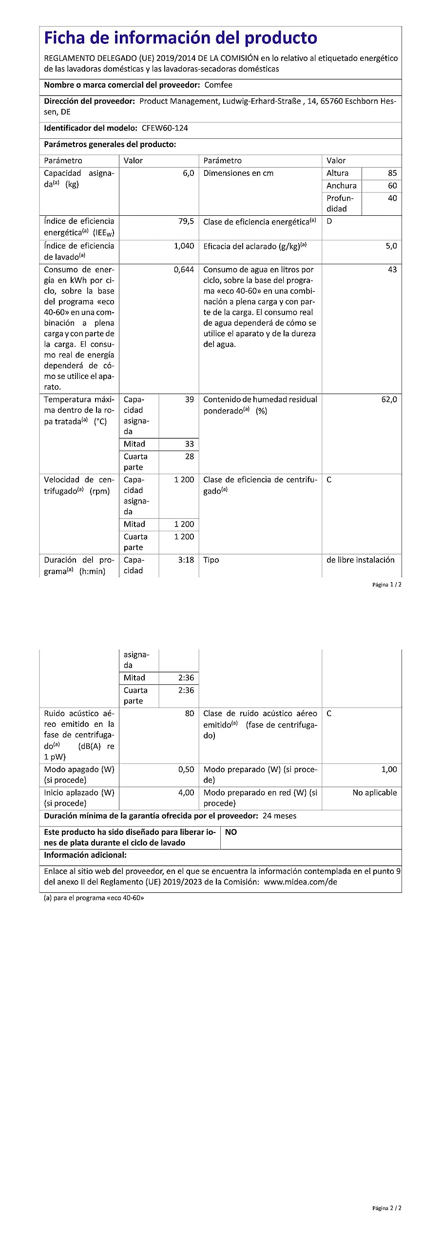 Comfee CFEW60-124 Waschmaschine / 6KG / Slim Line / D / 1200 U/min / Trommelreinigung / 15min-30min-45min Schnellwaschgang / Weiß