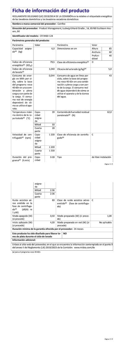 Comfee CFEW60-124 Waschmaschine / 6KG / Slim Line / D / 1200 U/min / Trommelreinigung / 15min-30min-45min Schnellwaschgang / Weiß