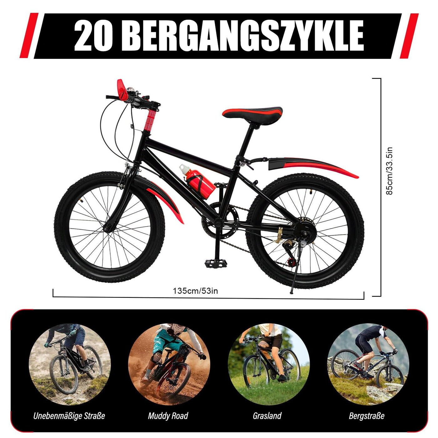 20 Zoll Kinderfahrrad 7 Gang Rotes Mountainbike mit Doppelscheibenbremsen Jungen- und Mädchenfahrräder eignen sich für das Fahren auf der Straße, in den Bergen und auf einer Vielzahl anderer Weg