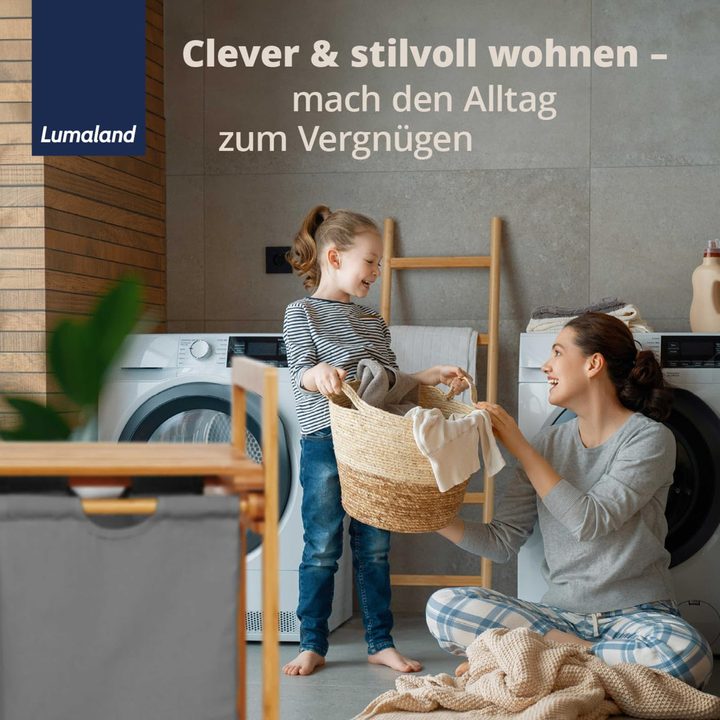 Lumaland Wäschekorb Bambus mit 2 ausziehbaren Wäschesäcken | Pflegeleichtes Material, unempfindlich gegen Nässe und leicht abwischbar | Höhe ca. 73cm x 64cm Breite x 33cm Tiefe [Dunkelgrau]