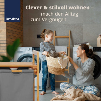 Lumaland Wäschekorb Bambus mit 2 ausziehbaren Wäschesäcken | Pflegeleichtes Material, unempfindlich gegen Nässe und leicht abwischbar | Höhe ca. 73cm x 64cm Breite x 33cm Tiefe [Dunkelgrau]
