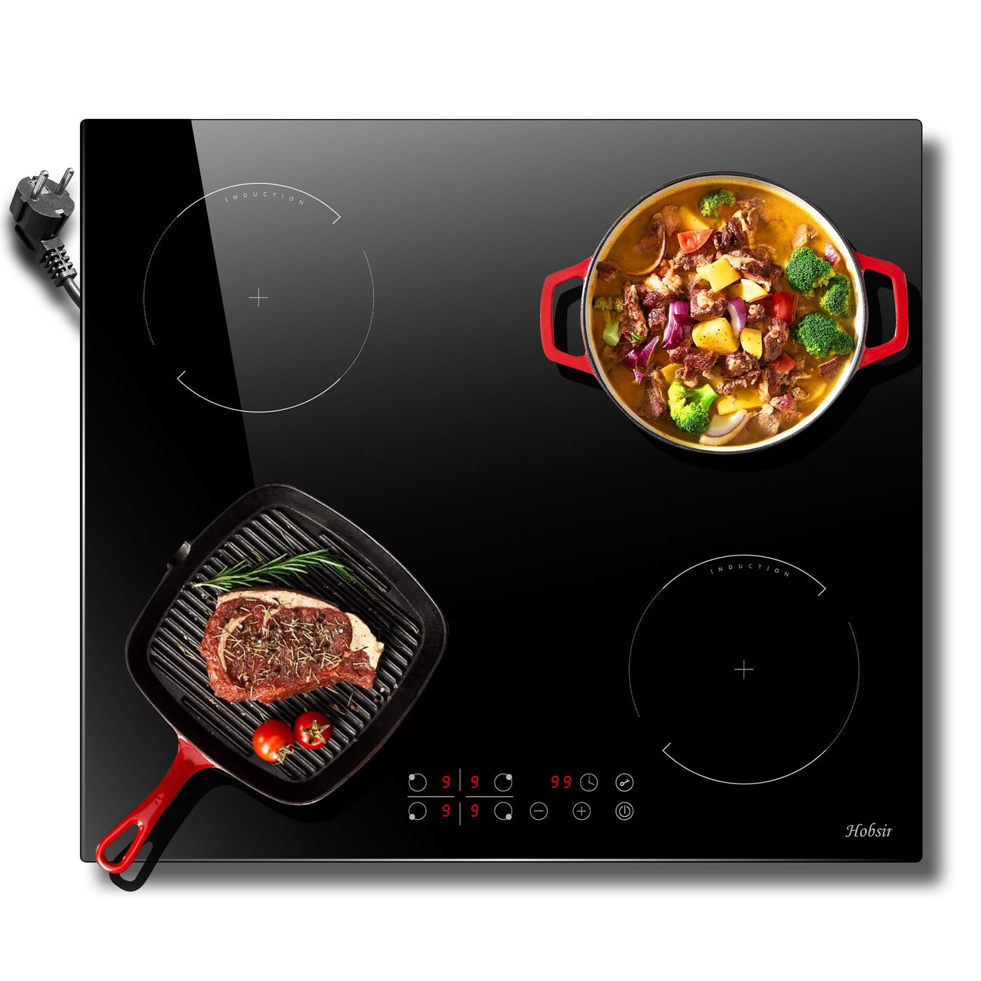 Induktionskochfeld mit Stecker 4 Zonen Einbau Kochfeld Induktion 60cm Induktionsplatte, 3500W, Touch-Bedienung, 9 Leistungsstufen, Kindersicherung, Timer