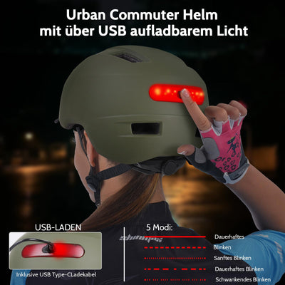 Shinmax Fahrradhelm Herren Damen, Helm Fahrrad mit USB Licht 5 Modi Fahrradhelm mit Visier, Mountainbike Helm Rennradhelm Erwachsen für Scooter Urban Pendler Green M