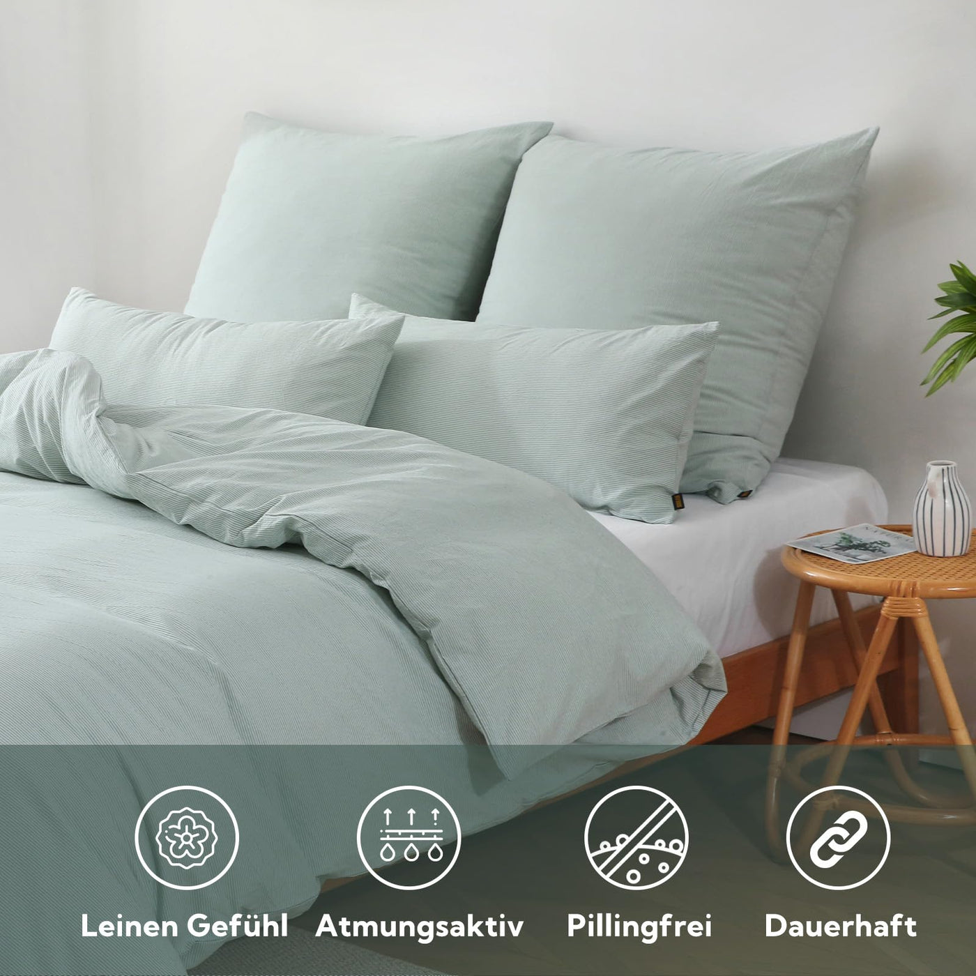 SOULFUL Bettwäsche 135x200 Baumwolle Gestreift, 100% Gewaschene Baumwolle Bettwäsche-Sets Grün mit Reißverschluss öKotex Zertifiziert Enthält 1 Bettbezug 135x200 und 1 Kissenbezüge 80x80
