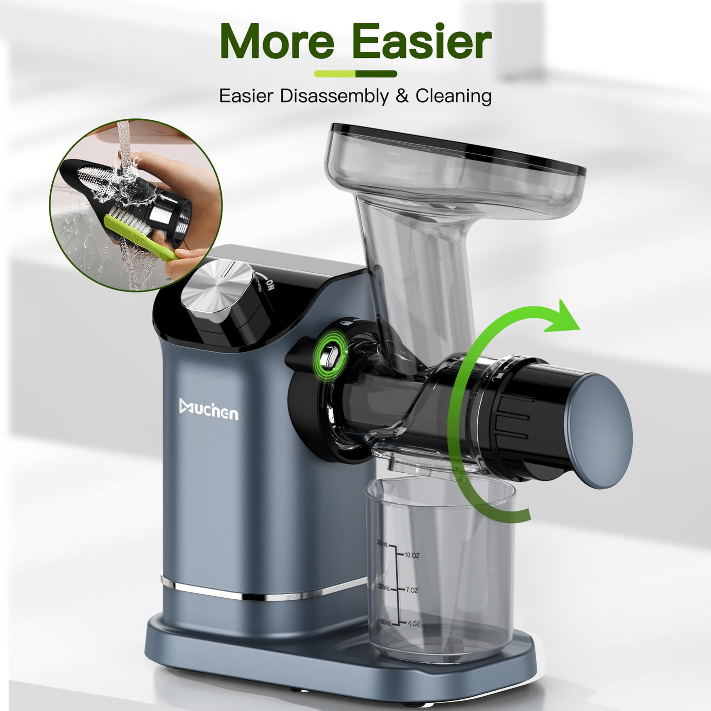 Muchen Slow Juicer Entsafter Gemüse und Obst Testsieger 150W Leiser Motor, Rückwärtszerkleinerung, Einfache Reinigung, Edelstahl Design in Schwarz & Silber, inkl. Rezeptbuch