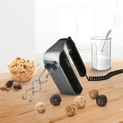 Bosch Handrührer Home Professional Styline MFQ4980B, 5 Stufen, 2 Edelstahl Rührbesen- und Knethaken, Mixstab Edelstahl, Universalzerkleinerer, 850 W, schwarz/dark silver