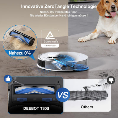 ECOVACS DEEBOT T30S Saugroboter mit Wischfunktion, 11000Pa Saugkraft, ZeroTangle Technologie, Adaptive TruEdge™ Kantenreinigung, Heißwasser-Mopp-Waschen, Selbstentleerung, Auto-Anheben des Mopps