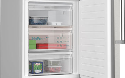 SIEMENS KG39NAIAT Stand-Kühl-Gefrier-Kombination iQ500, freistehende Kühlkombination mit Gefrierbereich unten 203x60 cm, 260L Kühlen, 103L Gefrieren, NoFrost, hyperFresh, bottleCooler, Edelstahl