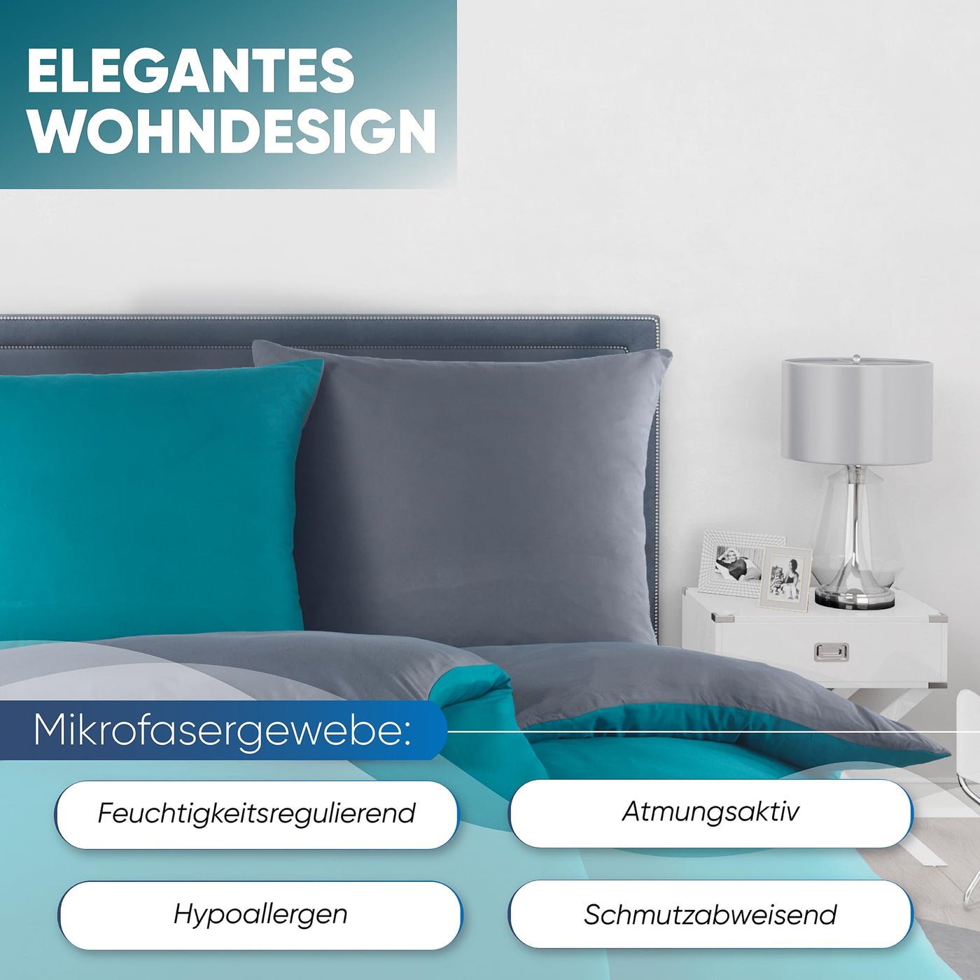 MALIKA® Bettwäsche 135x200 4 teilig | ÖkoTex Zertifiziert & für Allergiker geeignet |Bettwäsche Set mit je 2 Bettbezügen 135 x 200 & Kissenbezügen 80x80 | modern & hochwertig, Farbe:Petrol-GRAU