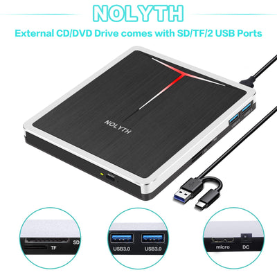 NOLYTH Externes DVD Laufwerk, CD Laufwerk Extern USB, DVD Laufwerk Extern mit SD TF 2 USB Ports, Tragbar Externe Optische Laufwerke DVD Brenner Extern CD Laufwerk Externes für Laptop Mac PC Windows
